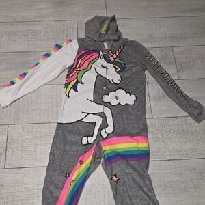 Gray Unicorn Hooded Onesie with Rainbow Accents
